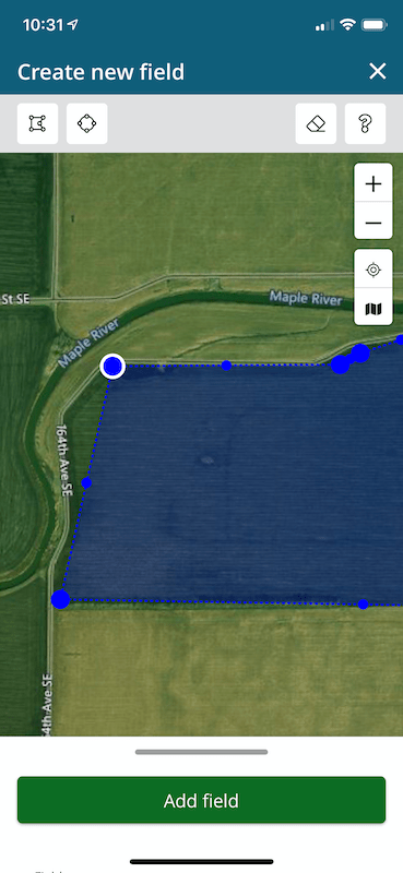 Screenshot of FarmQA Scouting showing how to refine a shape for a field