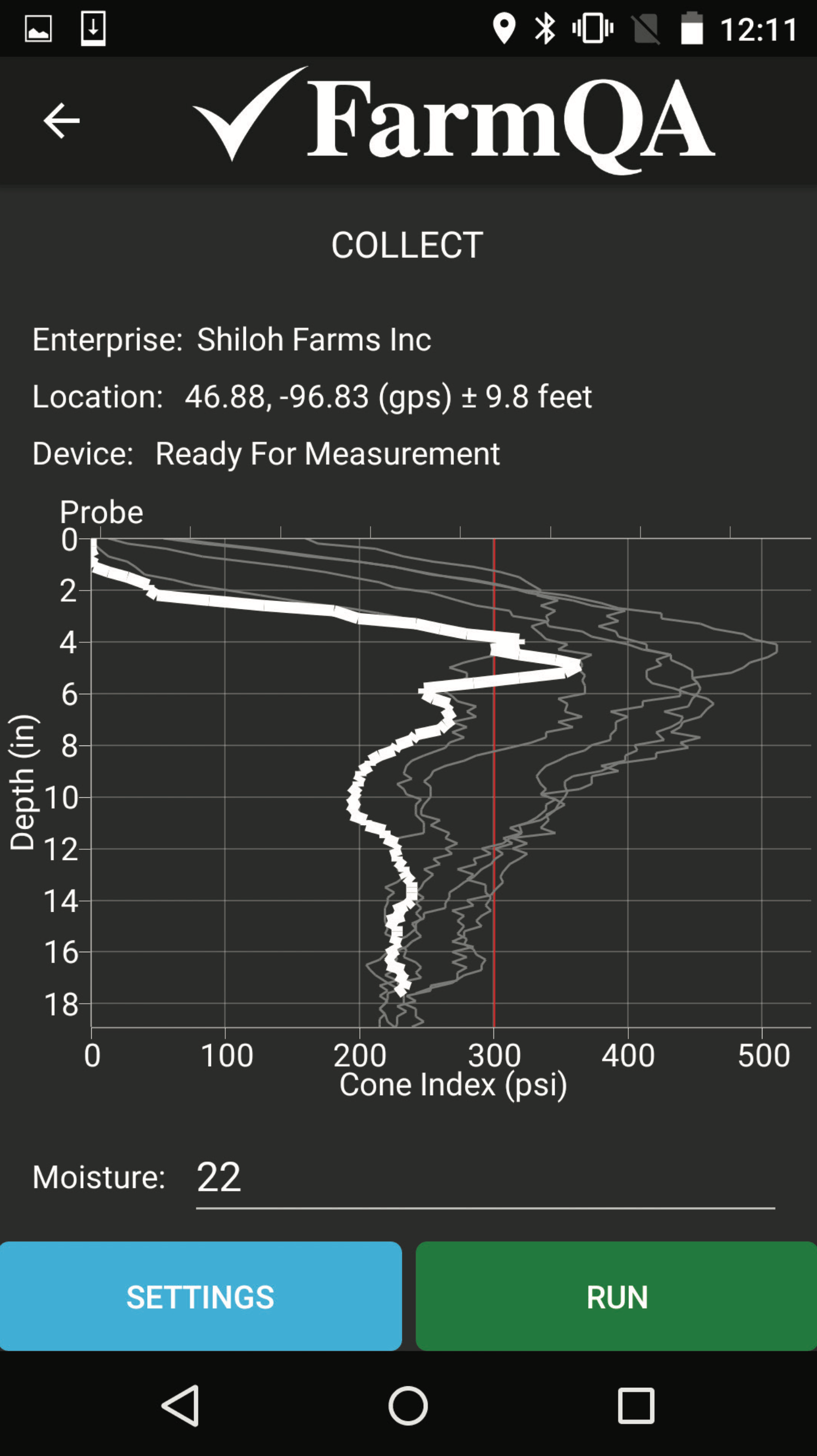 Screenshot of the FarmQA Compaction app displaying results from a compaction.