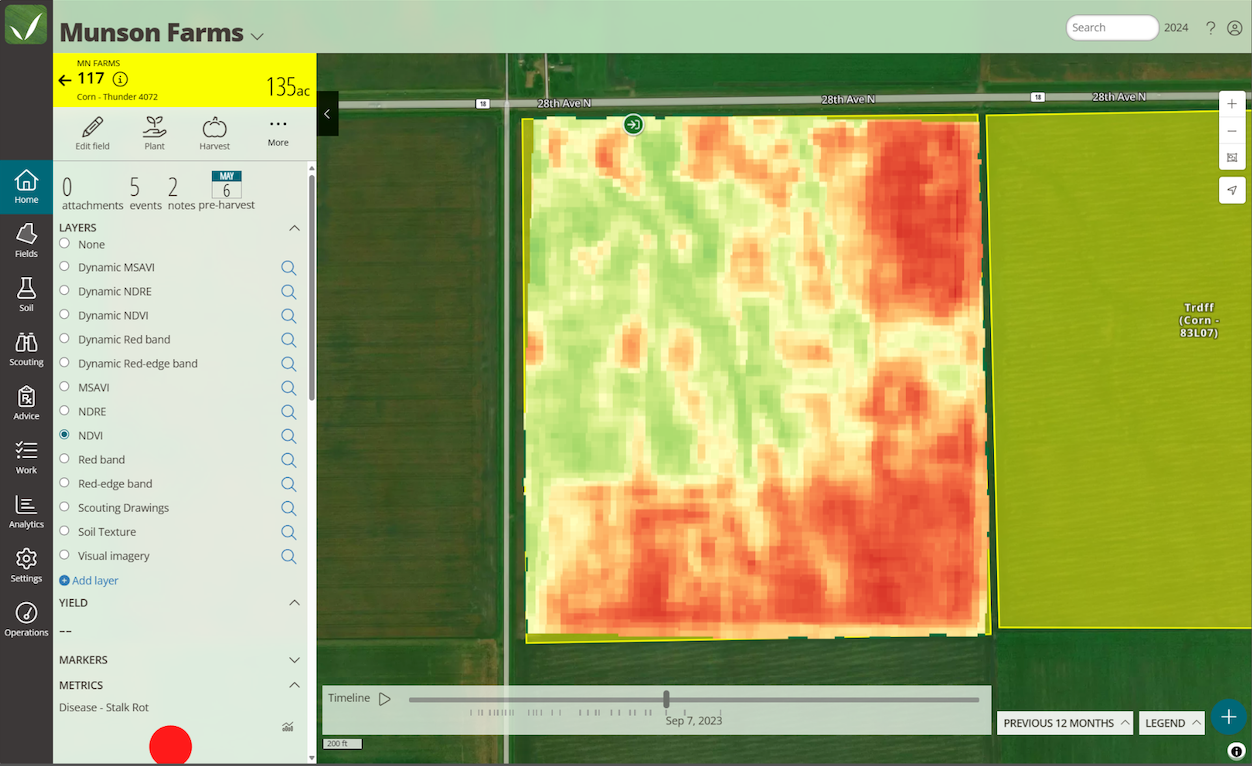 Screenshot of Sentinel 2 imagery within the FarmQA agronomy platform