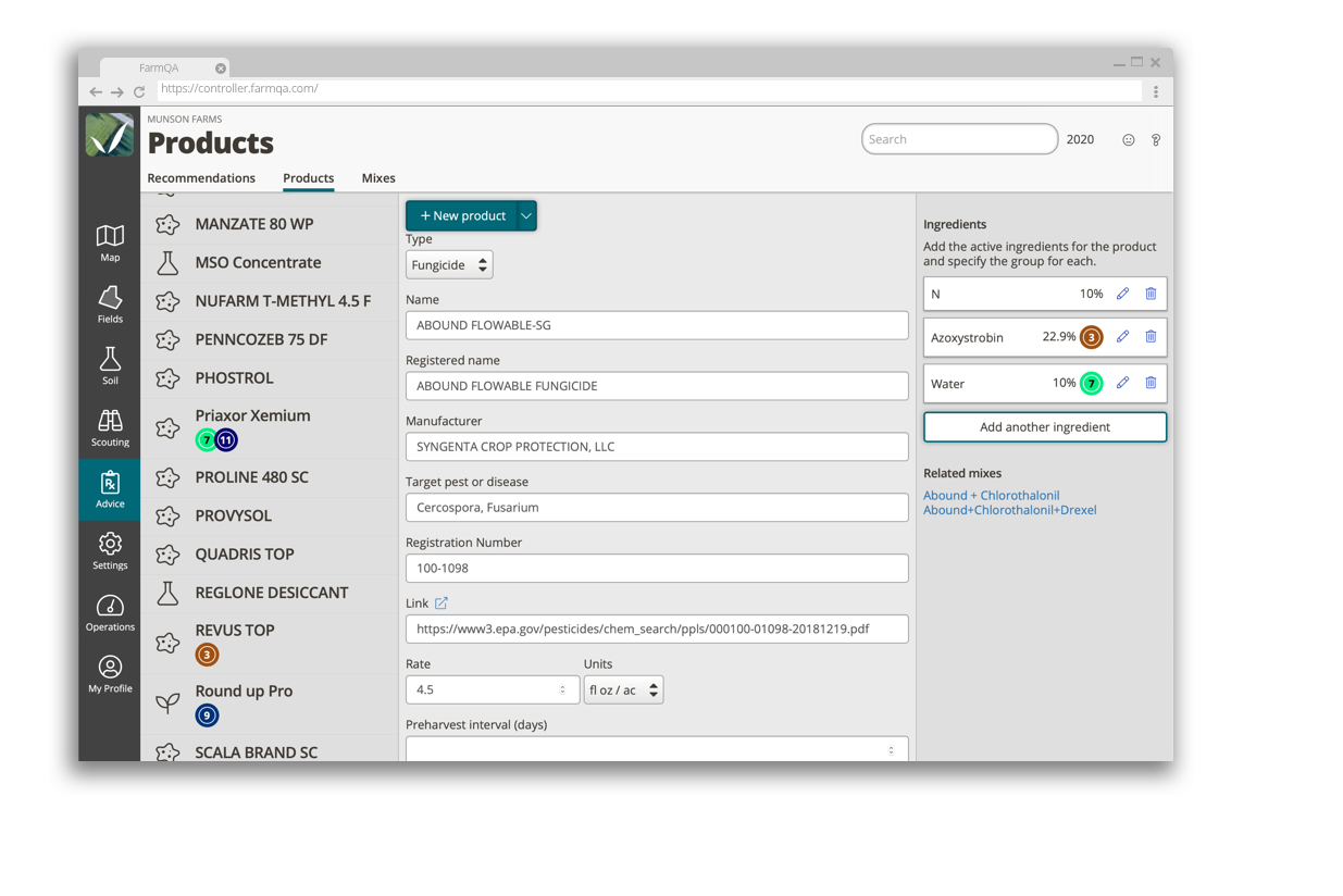 A list of products shown on FarmQA Web and the FarmQA mobile app.