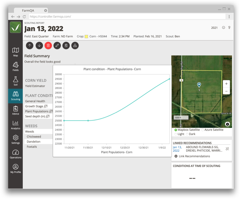 A screenshot of FarmQA Anaytics, displaying a scouting report with access to analytics right in the scouting report