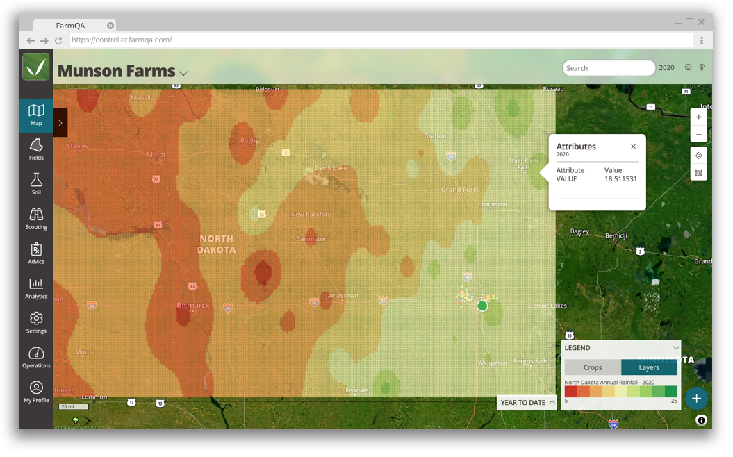 A screeshot that is displaying the rainfall amounts for 2020 in North Dakota