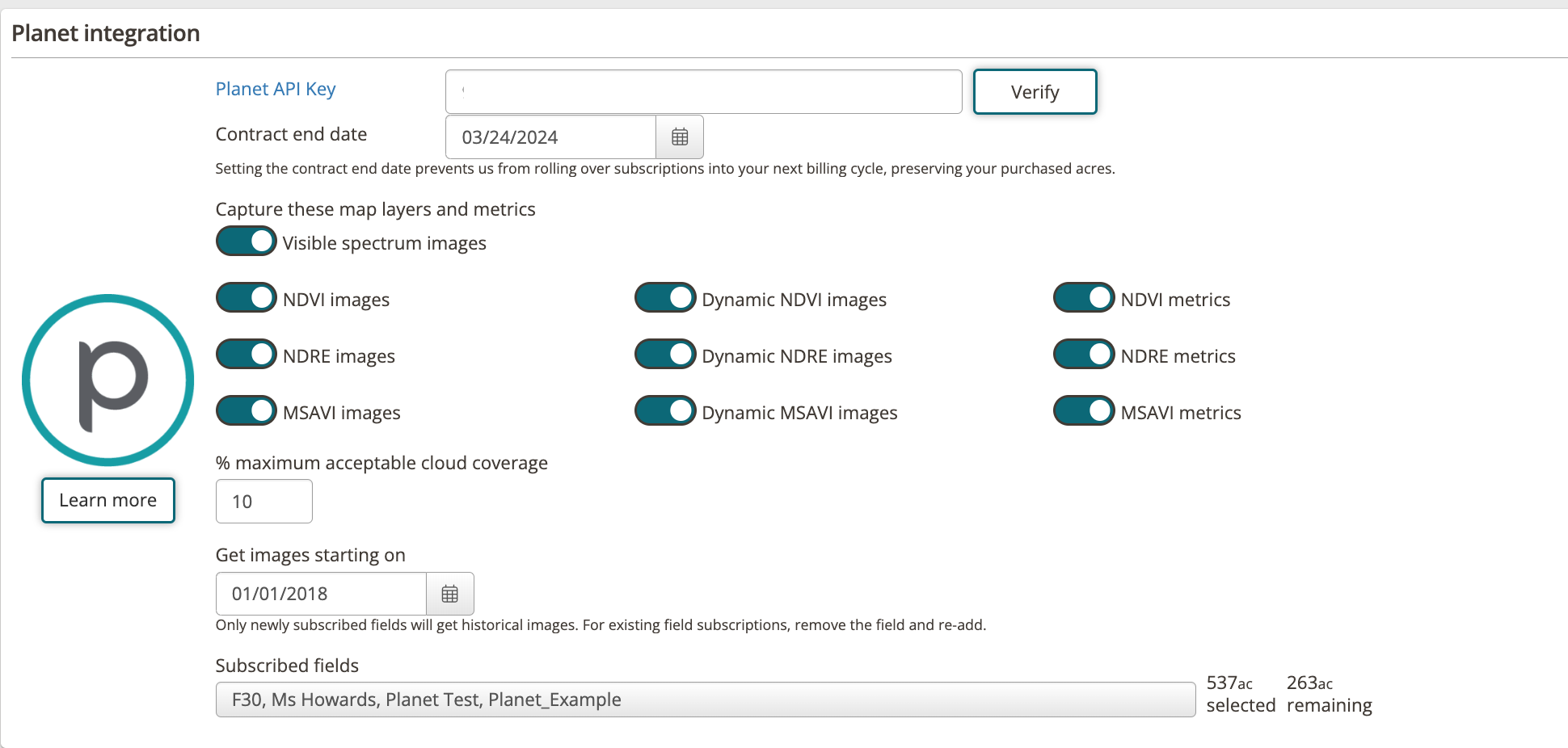 A screenshot of FarmQA's set up for Planet imagery