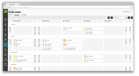 A screenshow of the FarmQA daily task view that allows for drag-n-drop reaassignment and visualization of agribusiness tasks.