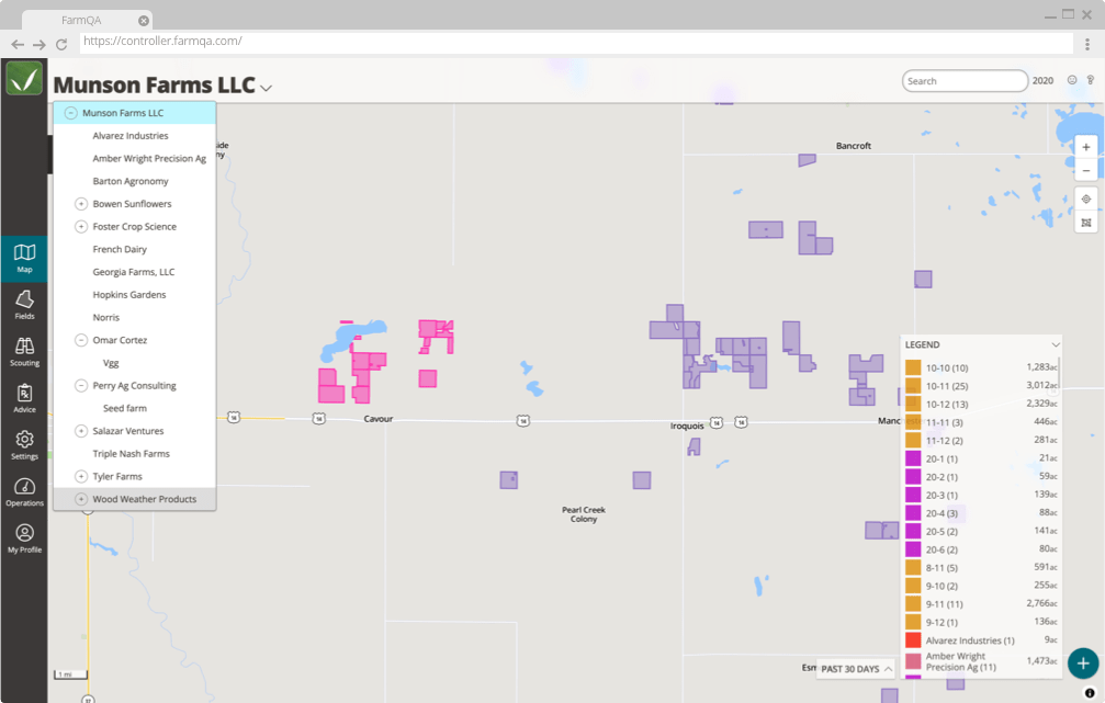 Screenshot of FarmQA on the web illustrating the multiple organizations