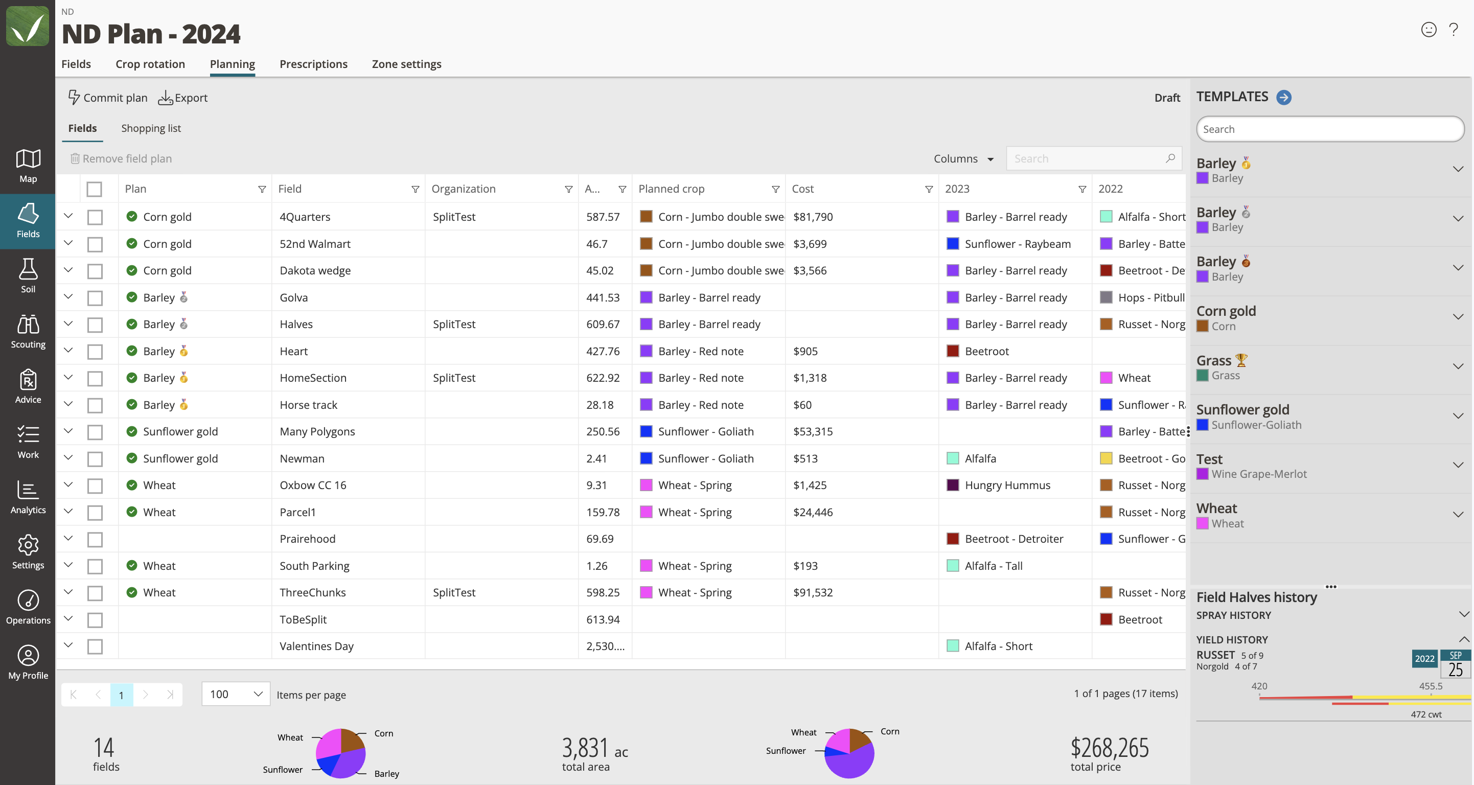 Screenshot of FarmQA's crop and growing season planning tool