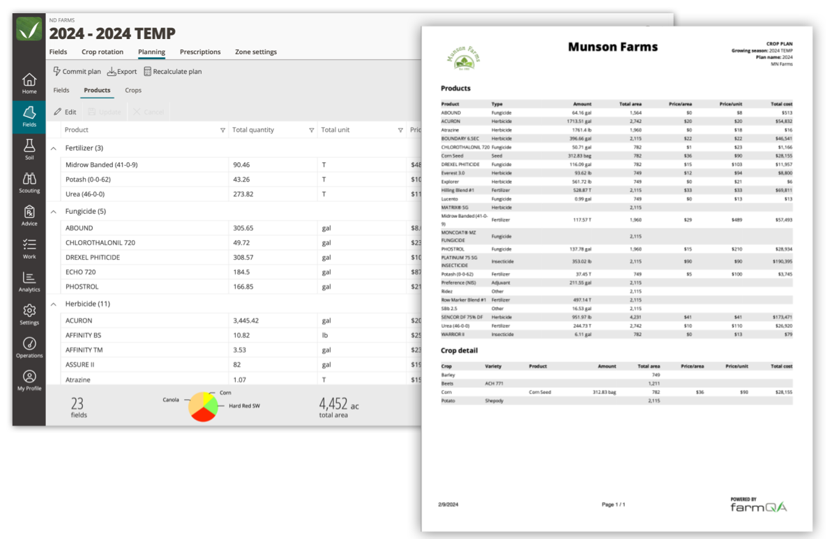Screenshot of FarmQA's shopping list and PDF report