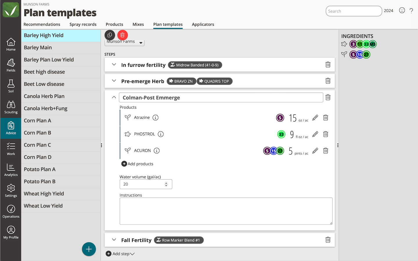 A screenshot of the FarmQA crop plan template editor